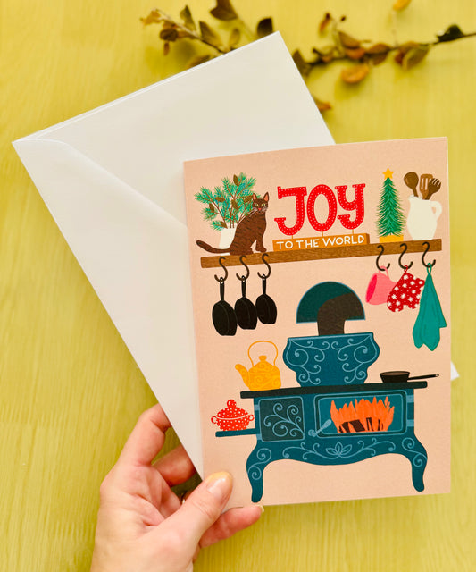 Joy to the World Christmas Card – Cozy Kitchen Holiday Card with Cat, Vintage Stove Illustration, Warm Festive Greeting Card, Winter Cottage Style”