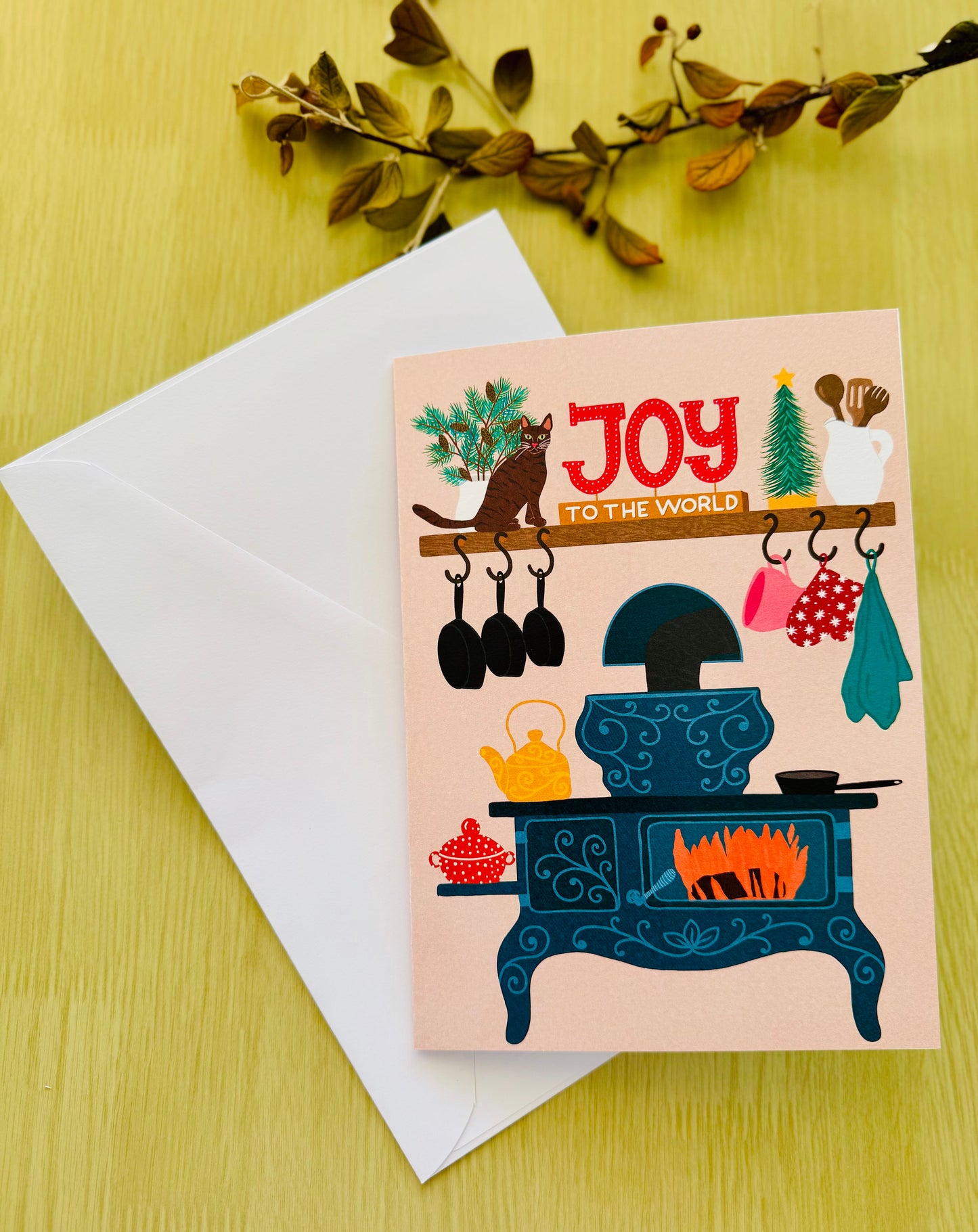 Joy to the World Christmas Card – Cozy Kitchen Holiday Card with Cat, Vintage Stove Illustration, Warm Festive Greeting Card, Winter Cottage Style”