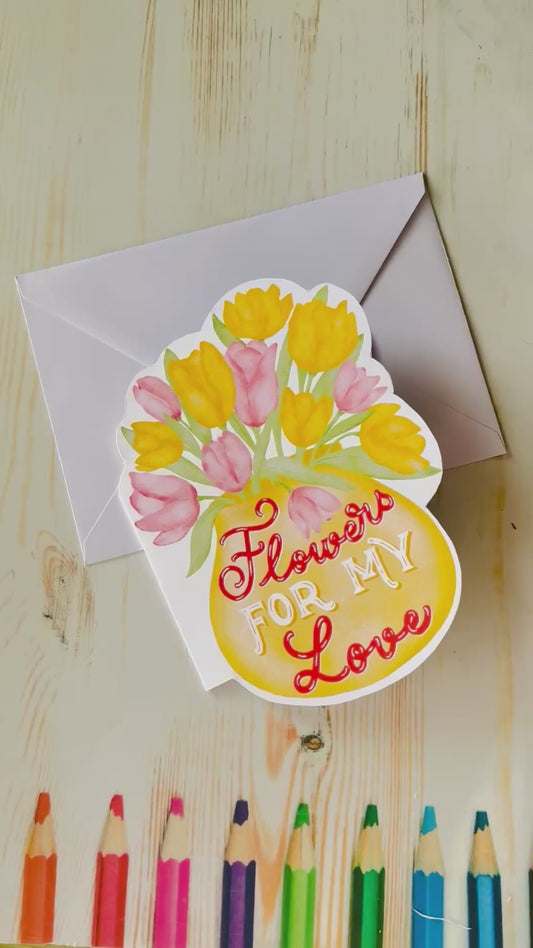 Unique Shaped Floral Greeting Card, Hand Illustrated , Anniversary Love Card