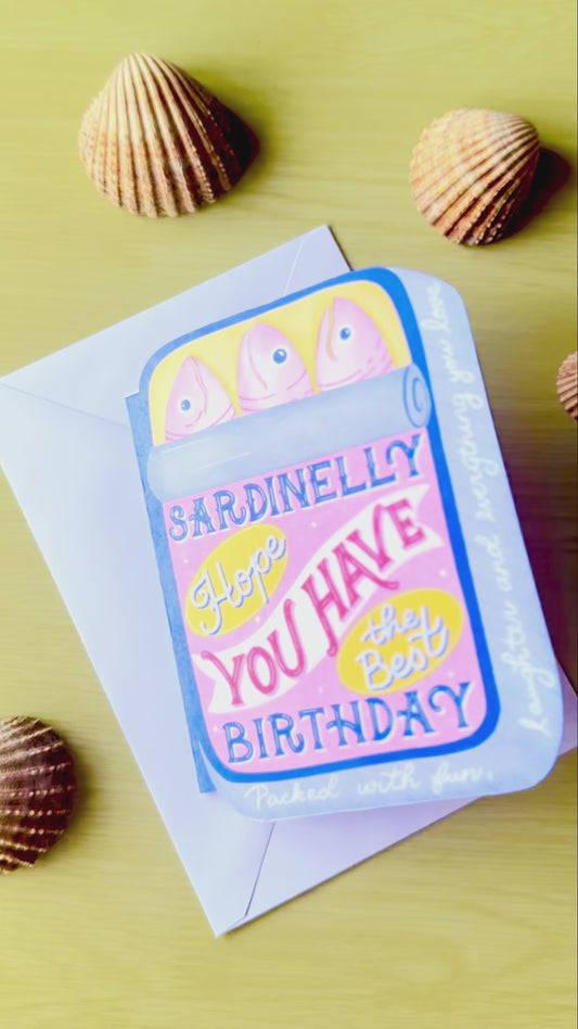 Sardine Tin-Shaped Birthday Card – Whimsical Hand-Drawn Illustration | Blue Tin with 3 Sardines | By Romy Honc